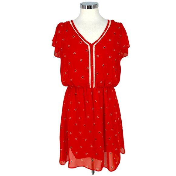 Maison Jules Heart Print Chiffon Short Flutter Sleeve Dress Size XL - Picture 1 of 11